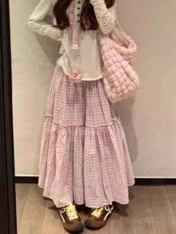 Sweet Lovely Pink Plaid A- Line Cake Half Skirts Women Y2k Casual Loose Slim Midi Skirts Japanese Vintage Chic Mid-Length Skirts