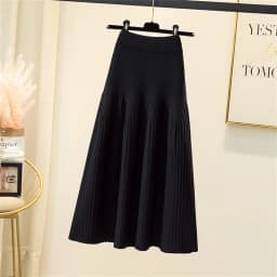 2024 Knitted Black Skirt Women Vintage Mid Length Skirts A-line Pleated Skirt Thin Casual Solid Color Autumn and Winter Clothes