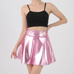 Women Sparkling Metallic Pleated Mini Skirt Elastic High Waist PU Shining Flared Short Skater Skirt for Party Club Daily Wear