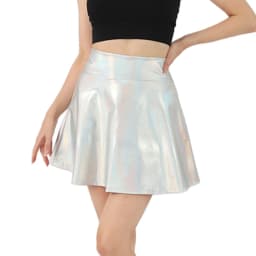 Women Sparkling Metallic Pleated Mini Skirt Elastic High Waist PU Shining Flared Short Skater Skirt for Party Club Daily Wear