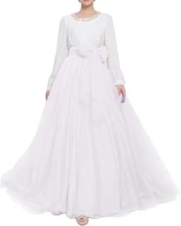 Women Wedding Long Maxi Puffy Tulle Skirt Floor Length A Line with Bowknot Belt High Waisted for Wedding Party Evening