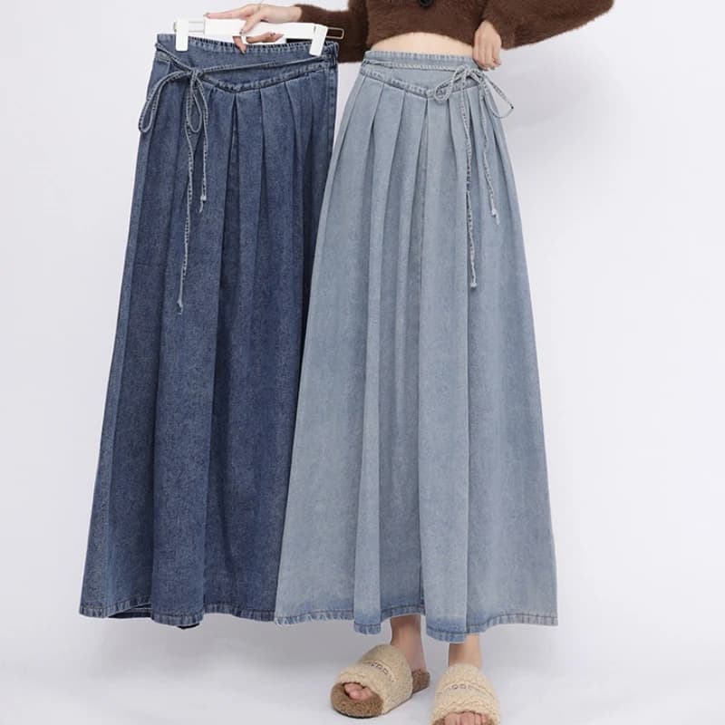 Lace Up Corset Midi Long Skirts Women Spring Summer Korea Style Vintage High Waist Jean Skirt A-Line Ruffle Pleated Denim Skirt