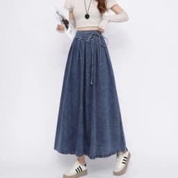 Lace Up Corset Midi Long Skirts Women Spring Summer Korea Style Vintage High Waist Jean Skirt A-Line Ruffle Pleated Denim Skirt