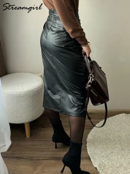 Women Midi Leather Skirt Sexy Split High Waist Zipper PU Front Slit Skirts Ladies Black Faux Leather Folded Skirt For Women