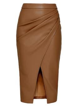 Women Midi Leather Skirt Sexy Split High Waist Zipper PU Front Slit Skirts Ladies Black Faux Leather Folded Skirt For Women