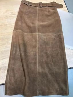 Retro Ladies Solid Color Genuine Leather Suede Long Skirts 88cm High Waist Belt Sheepskin Handmade Knee Length Skirt Vintage