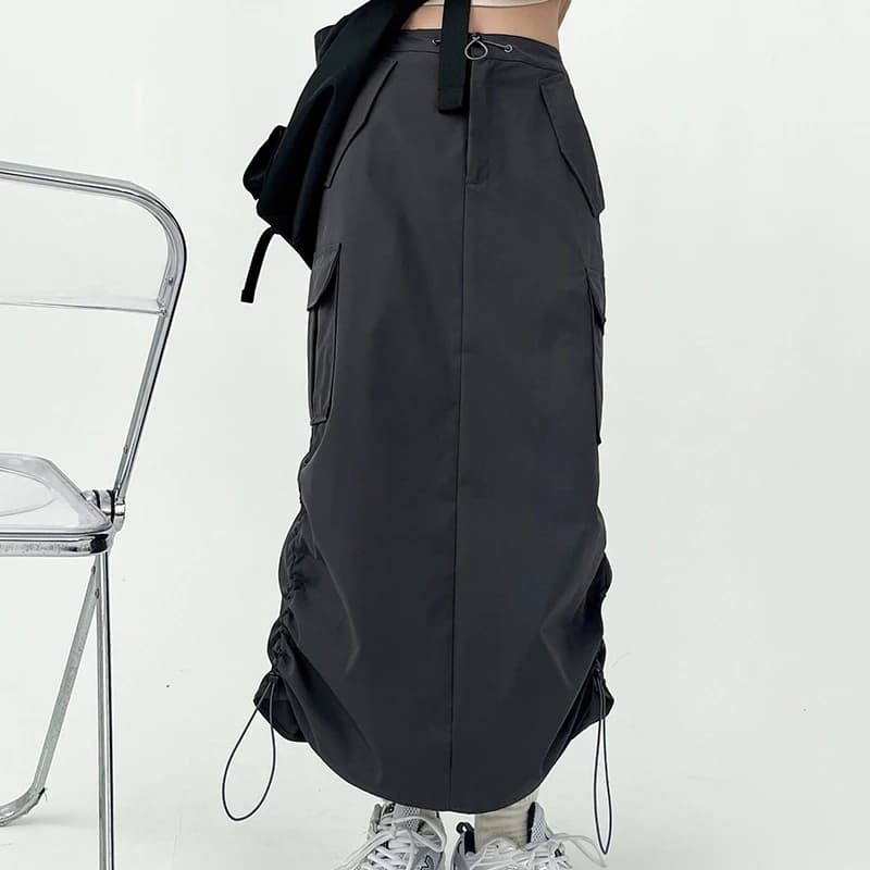 Y2K Women Retro Cargo Skirt American Pockets Bandage Slit Female High Waist Skirt Summer Streetwear All Match Ladies Mid Skirt