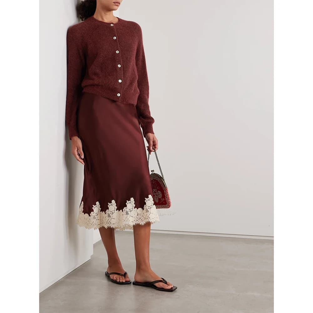 Satin Lace Elegant Midi Skirts Female High Waist Patchwork Slim Printed Casual Clothes For Women Sexy Y2k Vintage Skirts 2025