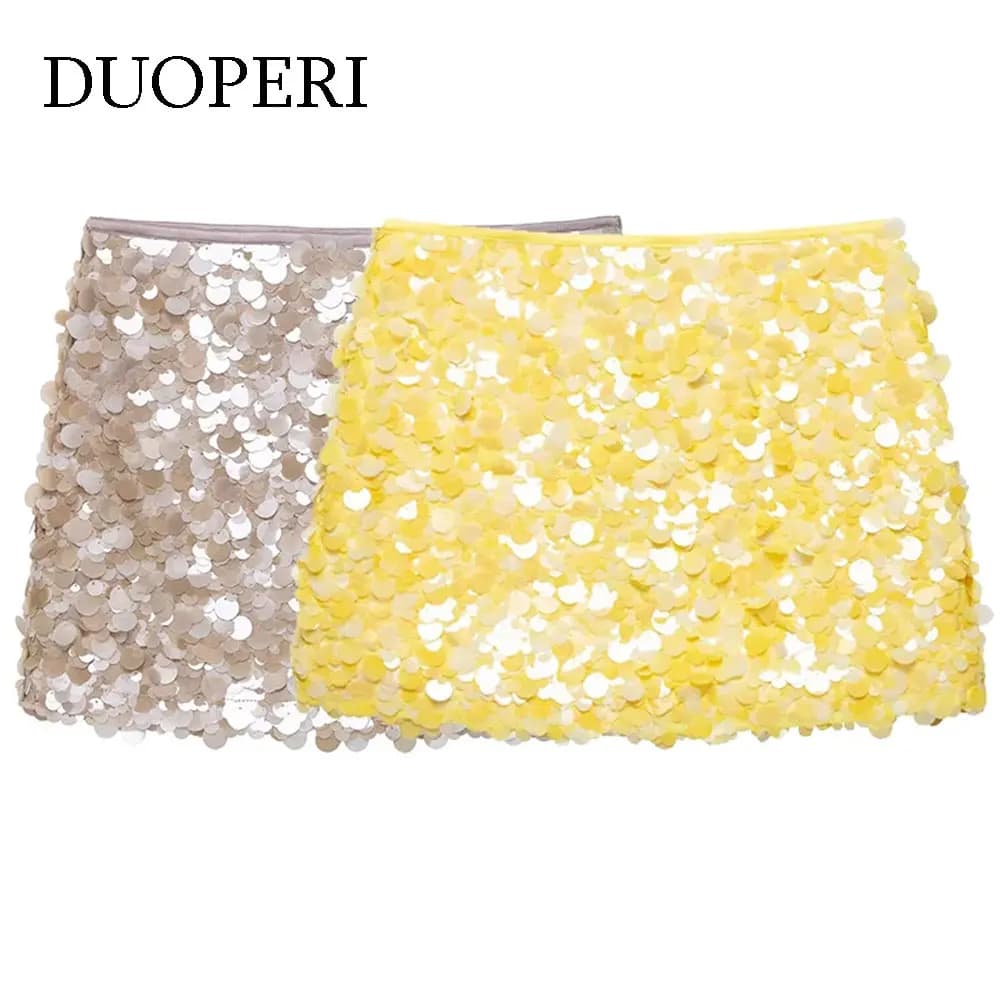 DUOPERI Women Y2K With Sequined Solid A-Line Mini Skirt Side Zipper High Waist Female Chic Lady Casual Skirts