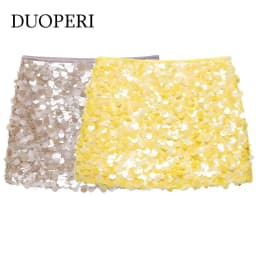 DUOPERI Women Y2K With Sequined Solid A-Line Mini Skirt Side Zipper High Waist Female Chic Lady Casual Skirts