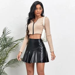 Women Faux Leather Skirts Elastic High Waist Ruffles Spliced Pleated Short Skirt Female Sexy Nightclub PU Leather Mini Skirt