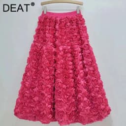 DEAT 2024 Autumn New Versatile Three Dimensional Flower Mid-calf Skirt High Waist Big Swing Fashion A-line Skirts Female 33A2033