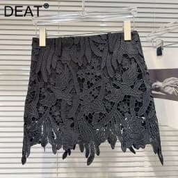 DEAT Fashion Hollow Out Lace Hook Flower Solid Color Short Skirts For Women 2026 Autumn New A-line Skirt Female 11A02183
