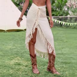 Cotton Lined Women Summer Asymmetrical Tassel Vintage Beach Style High Slit Hollow Ruch Tie Lace Up Medi Skirts Holiday Bohemian