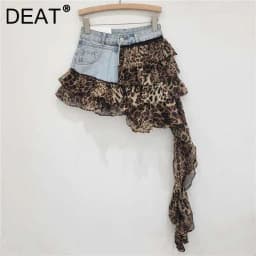 DEAT Denim Splicing Irregular Short Skirts For Women 2024 Summer New Fashion Versatile Chiffon Mini Skirt Female Trend 33A1587