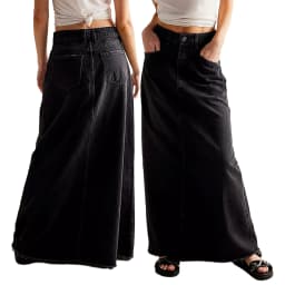Combhasaki Women Y2K Vintage Button Mid Waist Denim Long Skirt Solid Color Tassel Raw Hem A-line Skirts with Pockets Streetwear