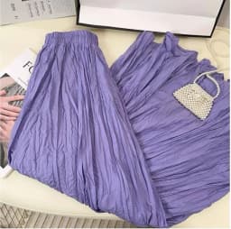 Spring Summer Elastic Waist Skirts Women Wrinkled Soft Solid A Line Long Skirt With Linning