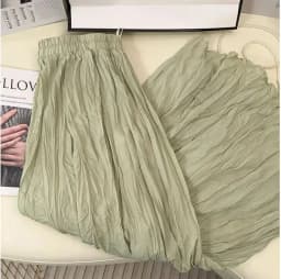 Spring Summer Elastic Waist Skirts Women Wrinkled Soft Solid A Line Long Skirt With Linning