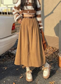 Korean Women's Brown Skirt 2024 Autumn Winter Black High-waisted Corduroy Long Skirt Ladies College Style Pleated A-line Skirts