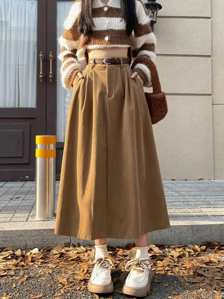 Korean Women's Brown Skirt 2024 Autumn Winter Black High-waisted Corduroy Long Skirt Ladies College Style Pleated A-line Skirts