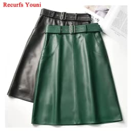 Clothes For Women 2025 Genuine Leather Skirt Female A-line Pockets Wrap Jupe Mujer Midi Long Belt Dark Green Saias Femininas