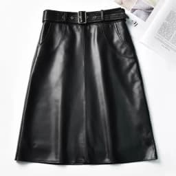 Clothes For Women 2025 Genuine Leather Skirt Female A-line Pockets Wrap Jupe Mujer Midi Long Belt Dark Green Saias Femininas