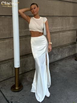 Clacive Sexy Loose White Satin Skirts For Women 2024 Fashion High Waist Long Skirt Elegant Chic Slit Skirt Female Clothing