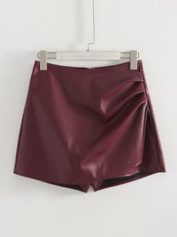 Women PU Mini Skirts With Shorts Black Asymmetric Skort For Women Irregular Short Skirts Spring Faux Leather Skorts Brown Ladies