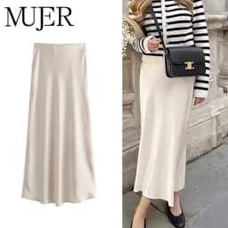 MUJER Satin Long Skirts for Women Draped High Waist Midi Skirt Woman Summer Straight Women's Skirt Holiday Beach Women Skirt