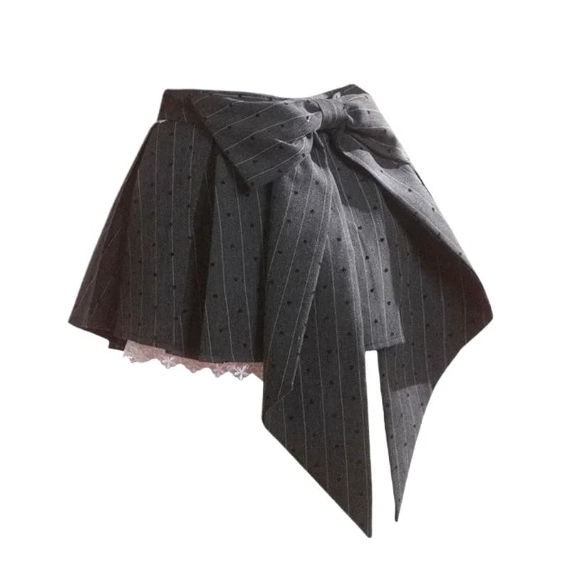 2026 New Gray Pleated Y2k Mini Skirt Women Summer Lace Patchwork Bow Fashion Skirt Lolita Style Striped Dot Print Cute Skirt