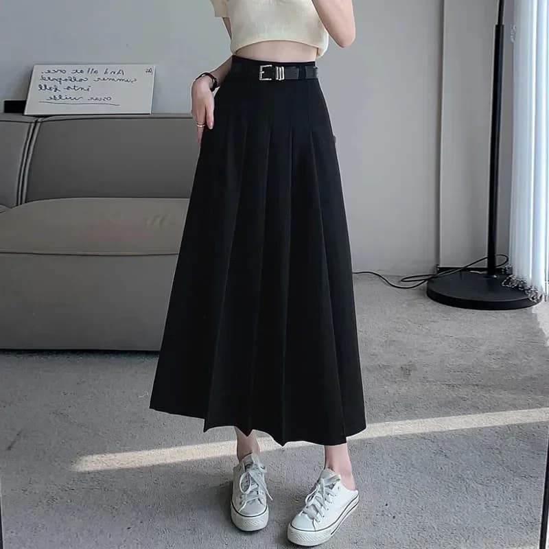 Xpqbb Women Summer Black Grey Long Skirt Vintage High Waist Y2K Pleated Skirt Woman College Style Wild Student A Line Skirts