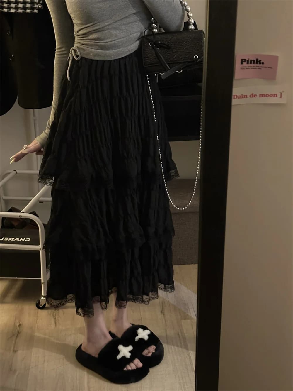 womens 2024 Fashion Korean Women New White Black Long Crochet Lace Skirt Summer High Elastic Waist Low Ruffle Pleated Skirts