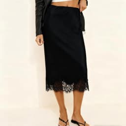 Maemukilabe Women Sexy Lace Satin Pencil Skirt Classic Elegant High Waist Silk Flowy Half Slip Underskirt Office Lady Midi Skirt
