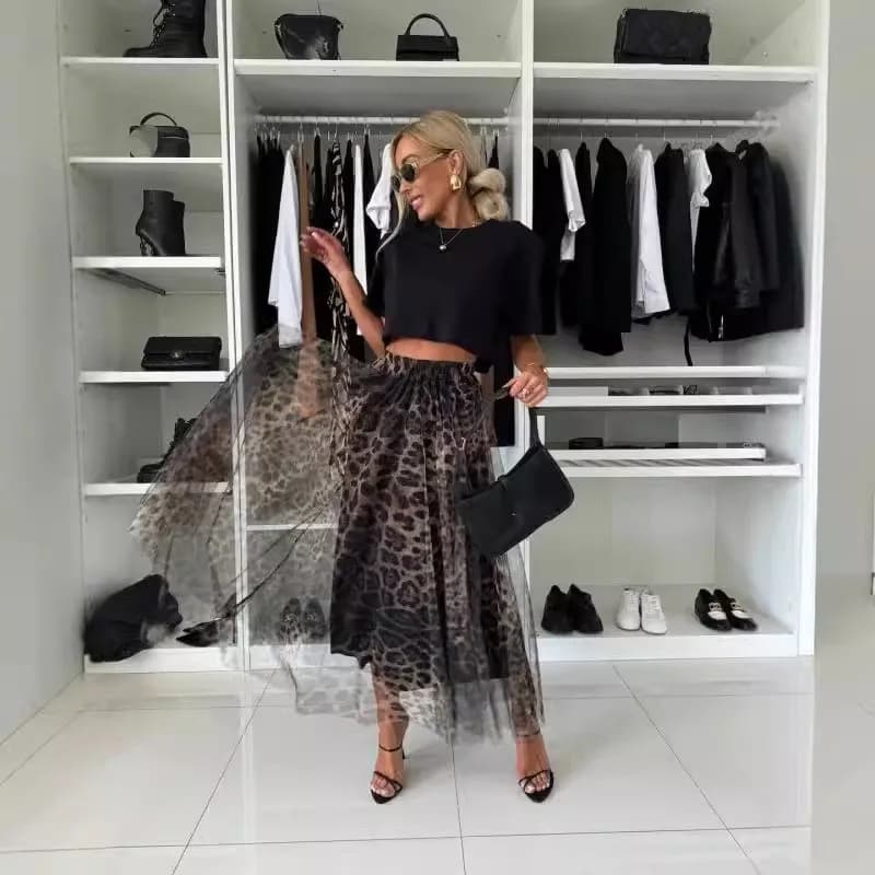 Women's Leopard Print Skirt With Elastic Waist And Large Swing Mesh Sexy Autumn And Winter Versatile New Ladies's Skirt 2024