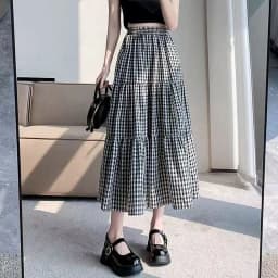 Summer Black White Plaid Skirts Women Korean Temperament Fashion Long Skirt Ladies Casual High Waist Fold Student A-Line Skirts