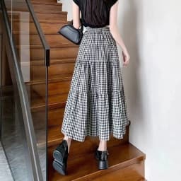 Summer Black White Plaid Skirts Women Korean Temperament Fashion Long Skirt Ladies Casual High Waist Fold Student A-Line Skirts