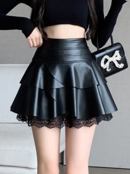 Fashionable Cake Skirt PU Leather Half-length Women's Autumn Winter New Korean High Waist Slimming Lace A-line Skirt