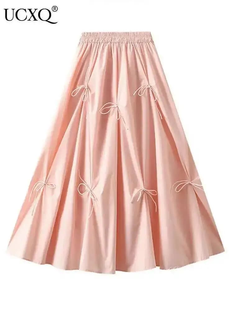 UCXQ Elegant Fashion Skirt Fairy Style All Match Patchwork Bow High Waist Vintage Umbrella Skirt Women 2025 Spring Summer 3A9515