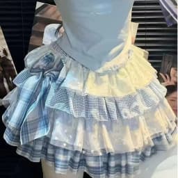 Sweet Lolita Pink Checkered Cake Skirt Japanese Kawaii Ruffle Hem Mini Skirt Y2K Women Cute Bow High Waist Skirt