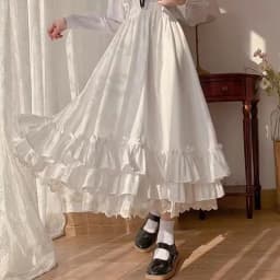 Spring Summer Women White Black Long Midi Skirt Preppy Style Female Elastic High Waist Double Layer Lace Ruffled A-line Skirt