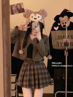 Japanese Preppy Style Spring Autumn Women Brown Black Plaid Mini Pleated Skirt