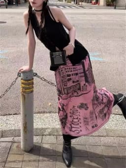 Aoaiiys Korean Skirt Women Graffiti Print Pattern Pink Skirts 2026 Fashion High Waisted Slit Cut A-Line Skirts Spring Summer New
