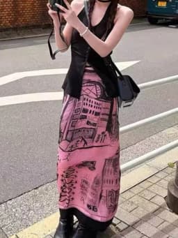 Aoaiiys Korean Skirt Women Graffiti Print Pattern Pink Skirts 2026 Fashion High Waisted Slit Cut A-Line Skirts Spring Summer New