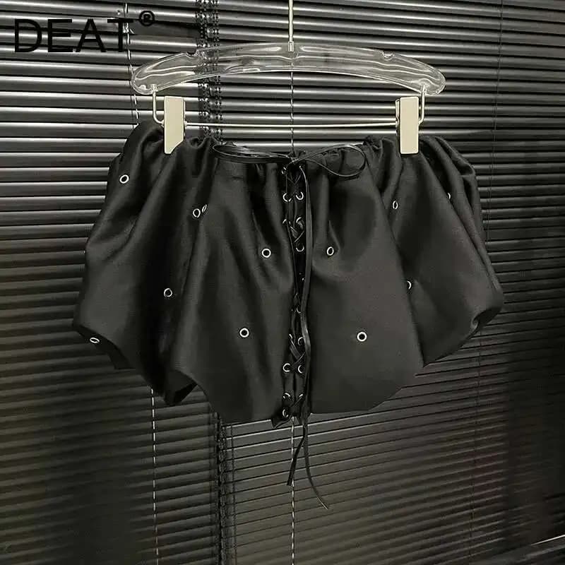 DEAT Fashion Women's Solid Color Bandage A-line High Waist Skirt 2024 Summer New Trendy Hole Design Skirts Female Trendy 11A0273