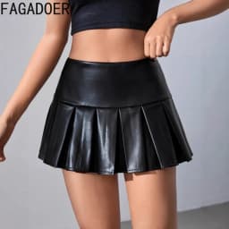FAGADOER Fashion Leather Patchwork Bodycon Skirt for Woman Solid Color High Waist Pleated Skirt Female Streetwear Bottoms New
