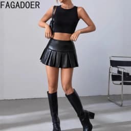 FAGADOER Fashion Leather Patchwork Bodycon Skirt for Woman Solid Color High Waist Pleated Skirt Female Streetwear Bottoms New