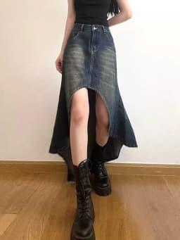 Streetwear Retro Denim Skirts Women Summer Button High Waist Irregular Mermaid Vintage Casual Pockets Lady Jeans Long Skirt
