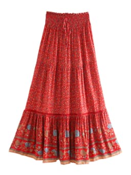 Vintage Chic Fashion Women Red Floral Print Beach Bohemian Pleated Skirt Rayon Cotton High-waisted Boho Maxi Skirts Femme