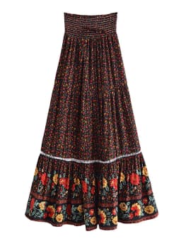 Vintage Chic Fashion Women Red Floral Print Beach Bohemian Pleated Skirt Rayon Cotton High-waisted Boho Maxi Skirts Femme