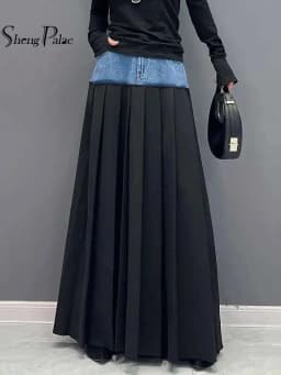 SHENGPALAE Denim Patchwork Pleated Skirt For Women Autumn Fashion Versatile Chic A-line Floor Length Skirts 2026 New Tide 5R7680